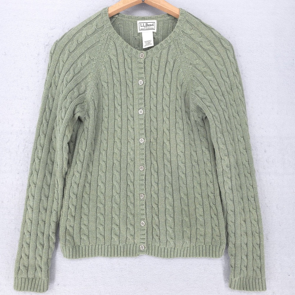 L.L.Bean Cardigan Sweater Womens Small Green Cotton Cable Knit Button Front